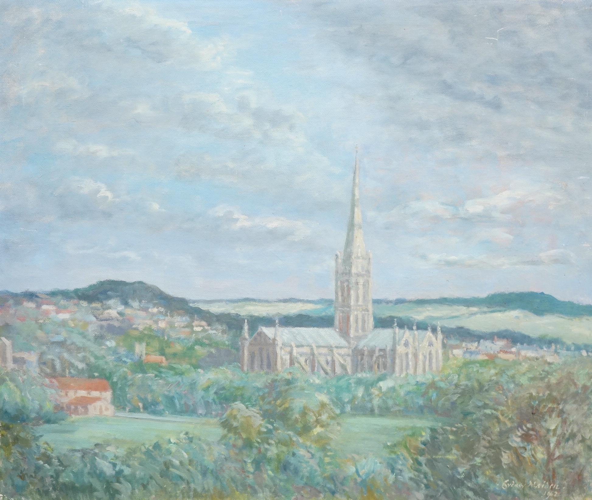 Sydney Maiden (1893-1963), landscape with a church, signed and dated 1962, Modern British oil on canvas, unframed, 51 x 61cm